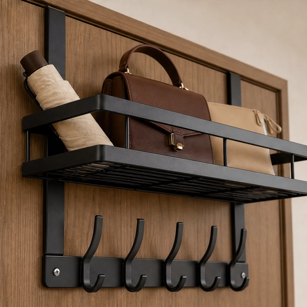 Over Door Storage Rack with Hooks and Basket – No Drilling Required