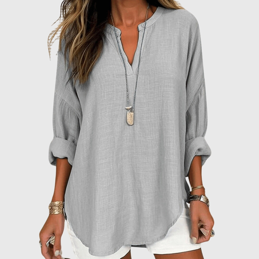 Relaxed Split-Neck Long Sleeve Top