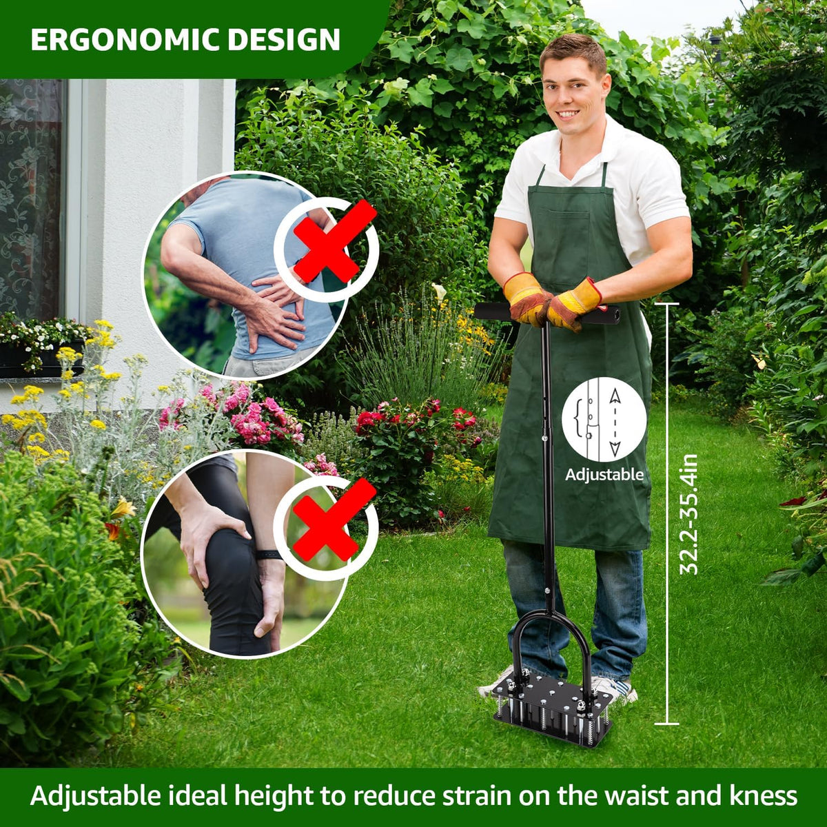 Manual Lawn Aerator with 15 Steel Spikes and Self-Cleaning System