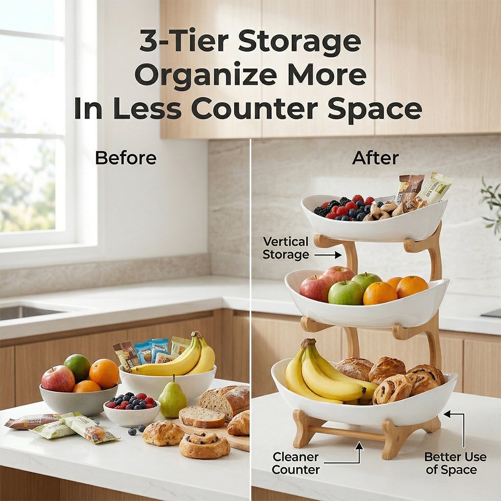 3-Tier Bamboo Fruit Bowl Stand with Oval Storage Surfaces