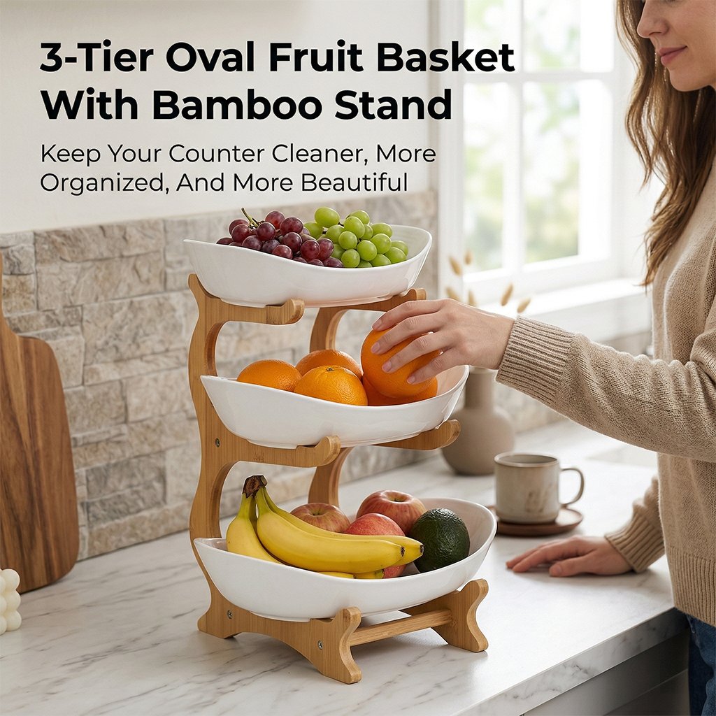 3-Tier Bamboo Fruit Bowl Stand with Oval Storage Surfaces