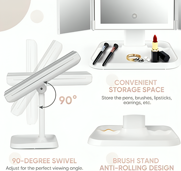 Foldable LED Makeup Mirror with 3 Panels and Adjustable Brightness