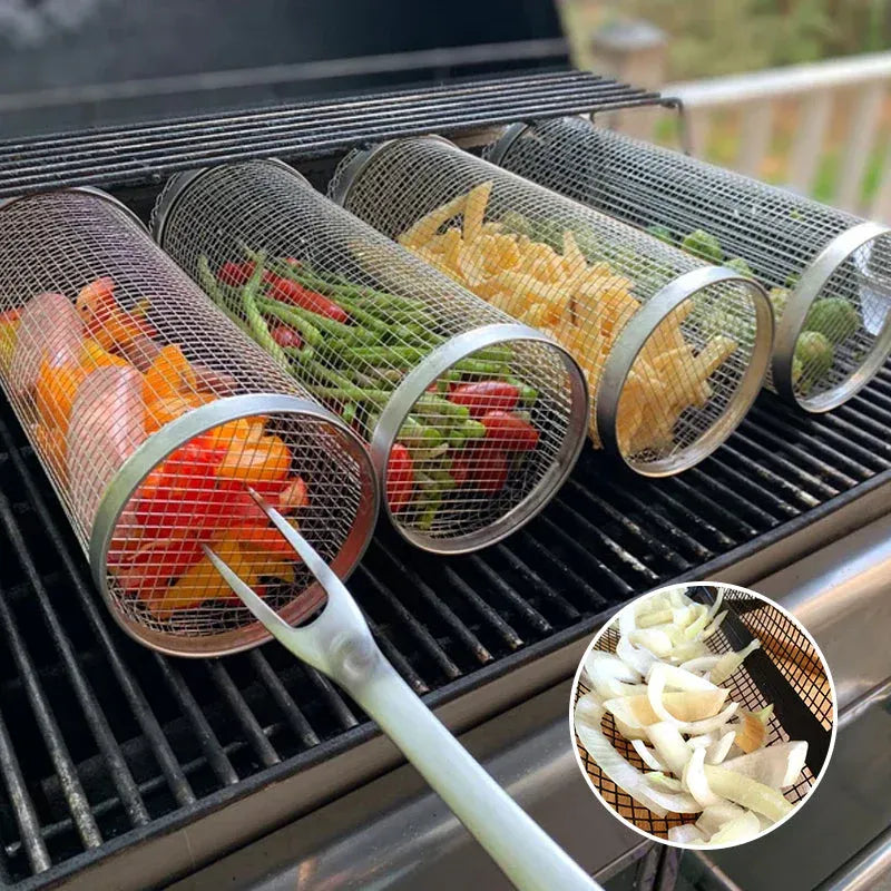 Stainless Steel Rolling Grill Basket for Vegetables, Meat & Seafood