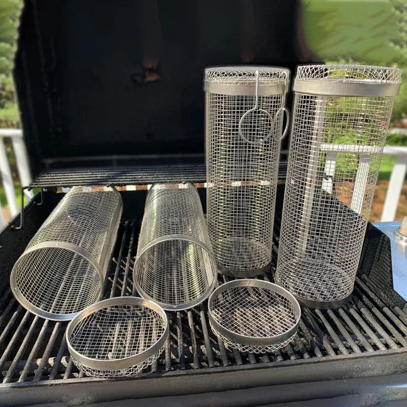 Stainless Steel Rolling Grill Basket for Vegetables, Meat & Seafood