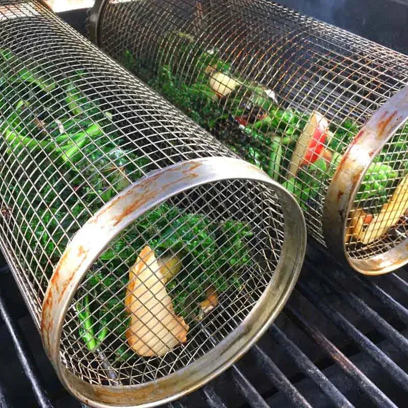 Stainless Steel Rolling Grill Basket for Vegetables, Meat & Seafood