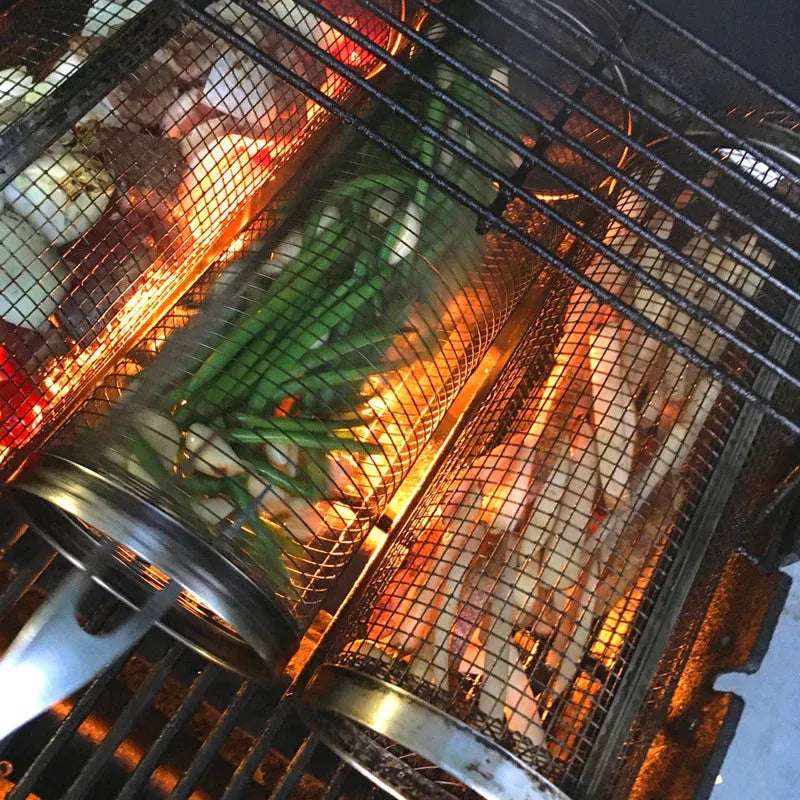 Stainless Steel Rolling Grill Basket for Vegetables, Meat & Seafood
