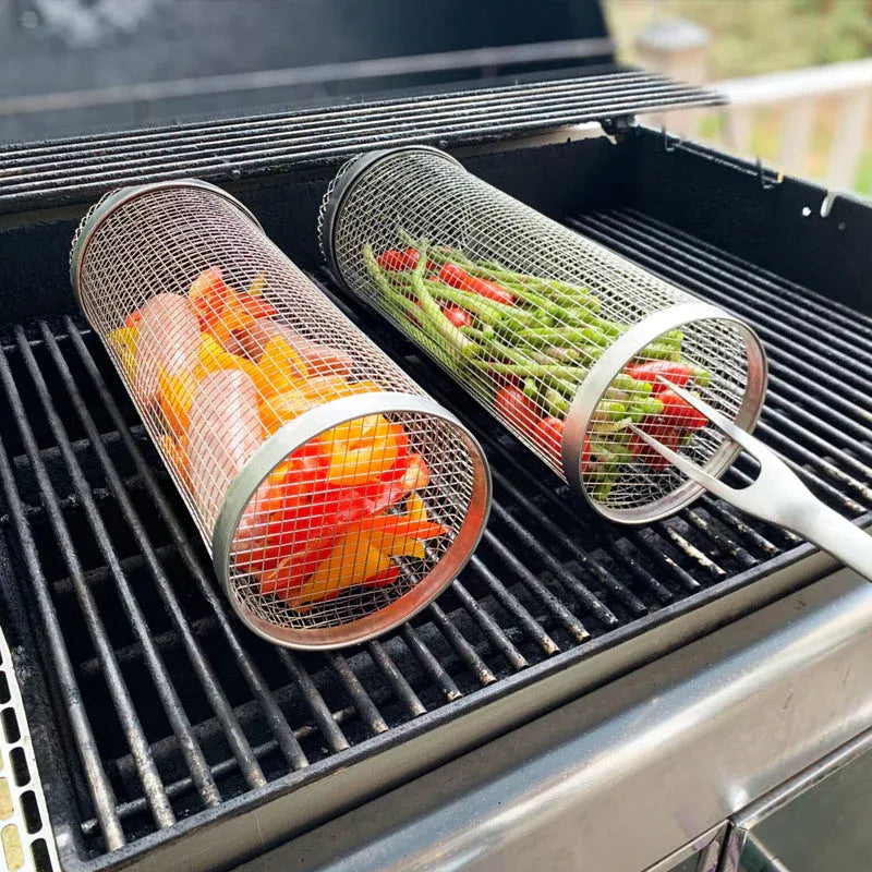 Stainless Steel Rolling Grill Basket for Vegetables, Meat & Seafood