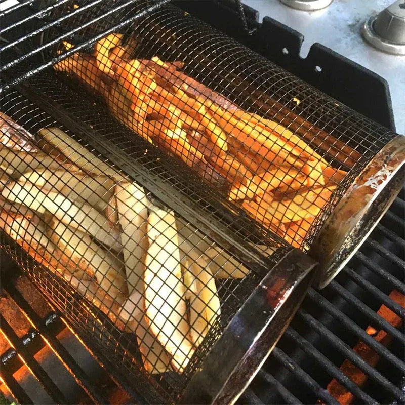 Stainless Steel Rolling Grill Basket for Vegetables, Meat & Seafood