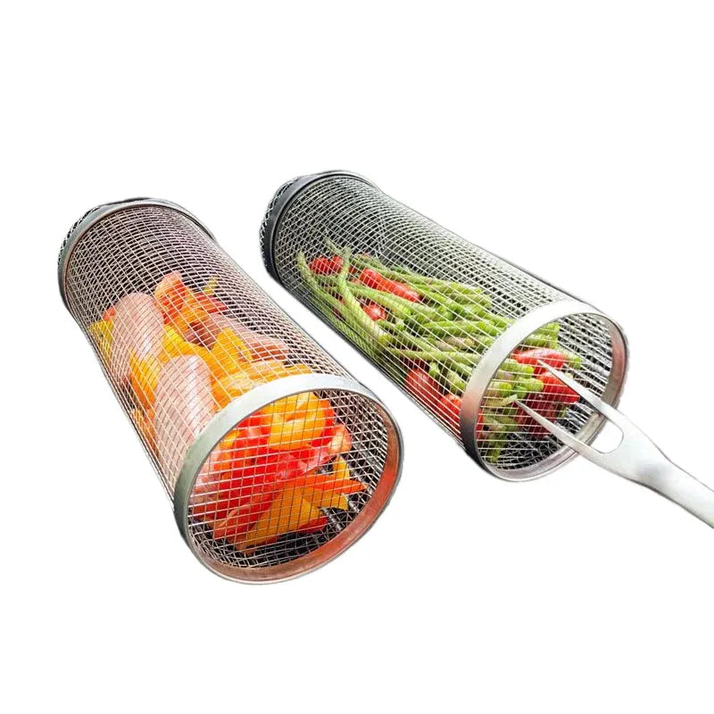 Stainless Steel Rolling Grill Basket for Vegetables, Meat & Seafood