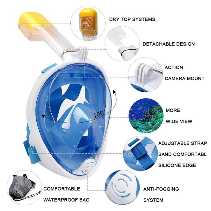 Full Face Snorkel Mask with Anti-Fog Tempered Glass for Diving and Swimming