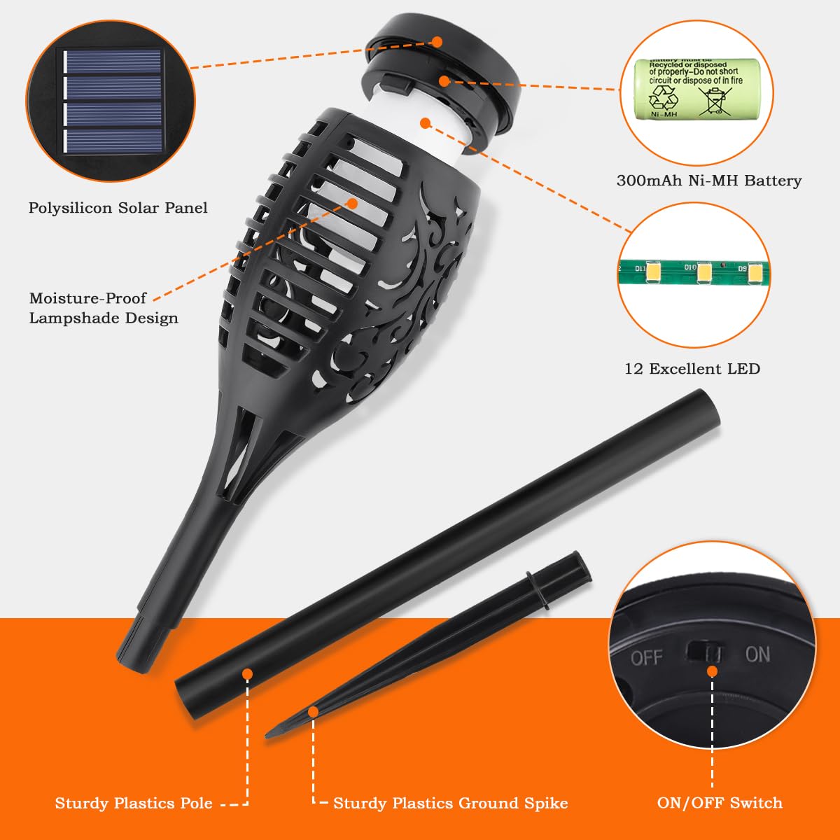 Solar Torch Garden Lights with Warm Flickering Flame Effect